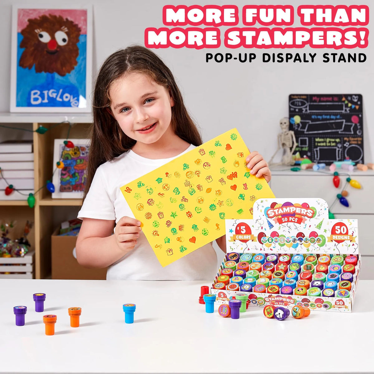 50-Piece Assorted Self-Ink Stamps for Kids with 50 Unique Designs