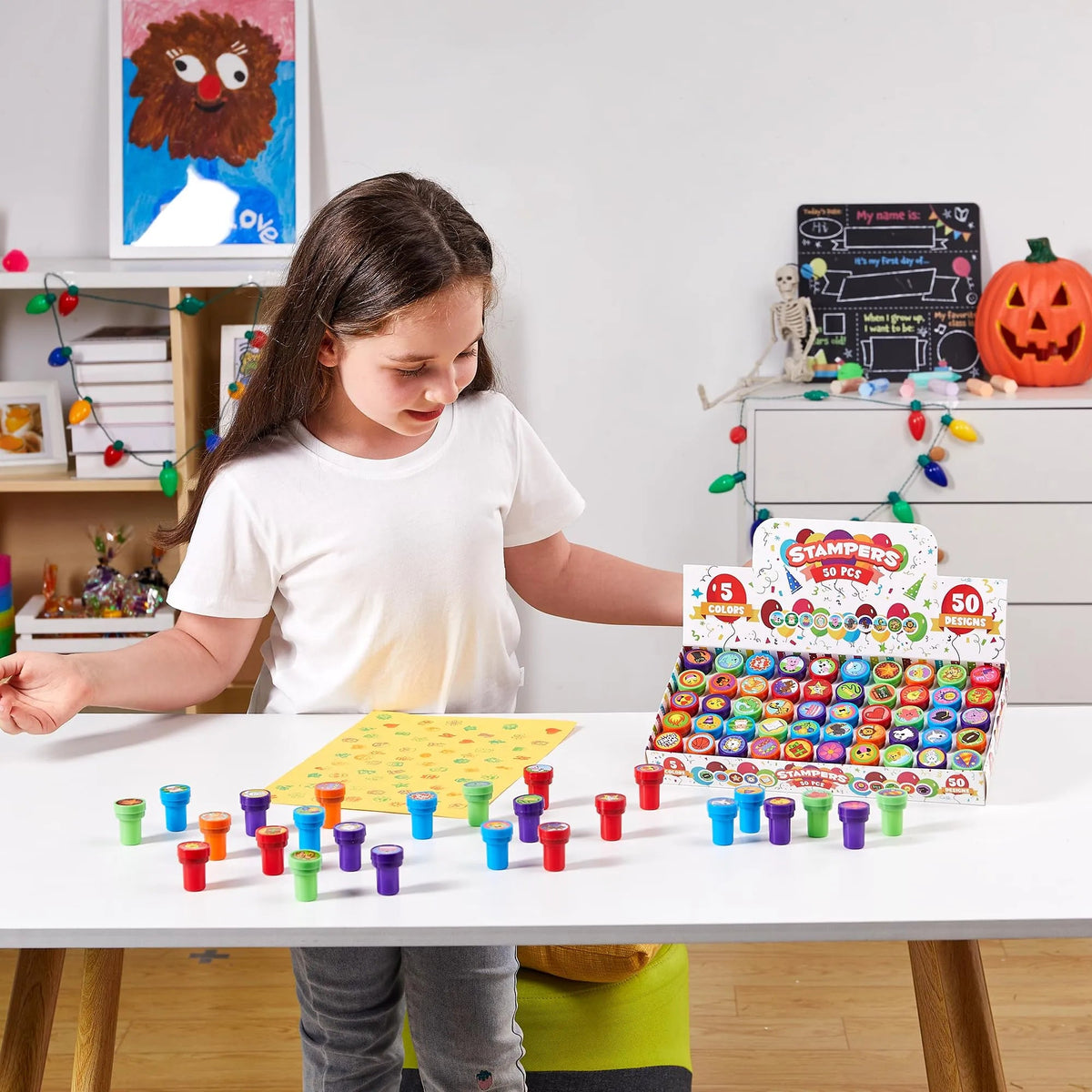 50-Piece Assorted Self-Ink Stamps for Kids with 50 Unique Designs