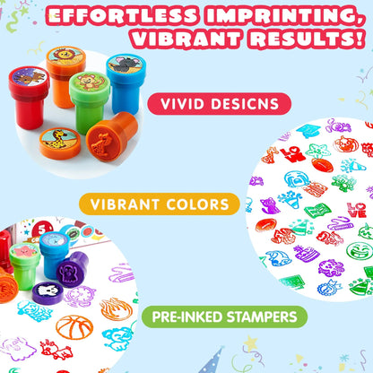 50-Piece Assorted Self-Ink Stamps for Kids with 50 Unique Designs