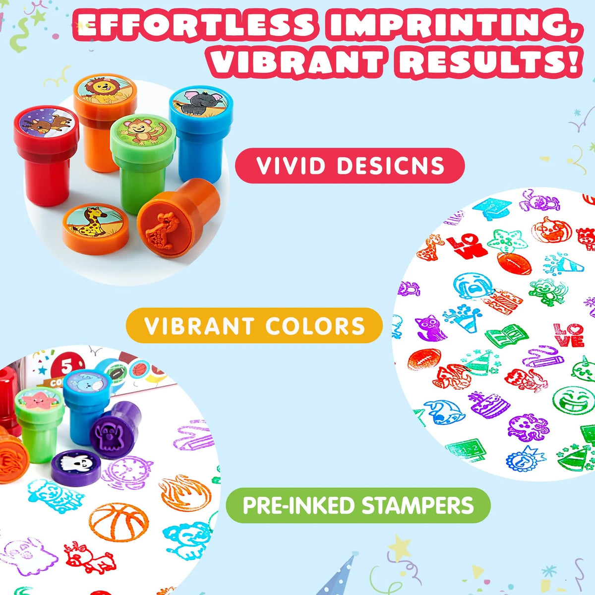 50-Piece Assorted Self-Ink Stamps for Kids with 50 Unique Designs