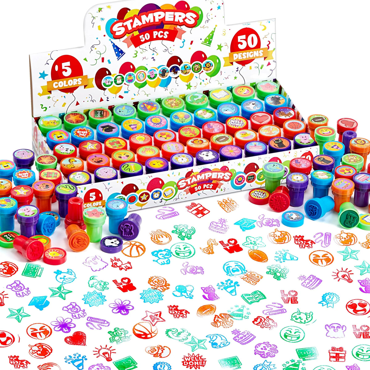 50-Piece Assorted Self-Ink Stamps for Kids with 50 Unique Designs