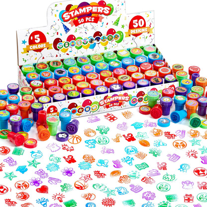50-Piece Assorted Self-Ink Stamps for Kids with 50 Unique Designs