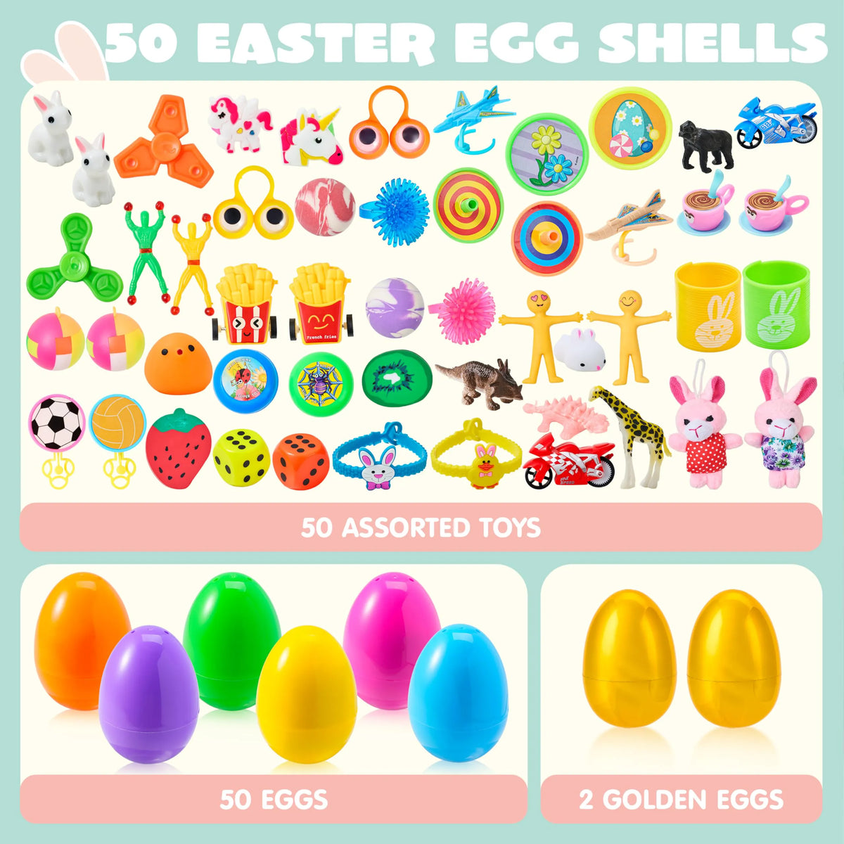 50 Prefilled Easter Eggs with Toys for Easter Egg Hunt, Basket Stuffers & Party Favors