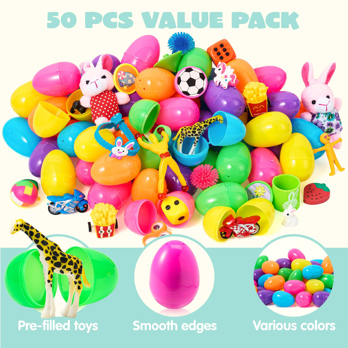 50 Prefilled Easter Eggs with Toys for Easter Egg Hunt, Basket Stuffers & Party Favors