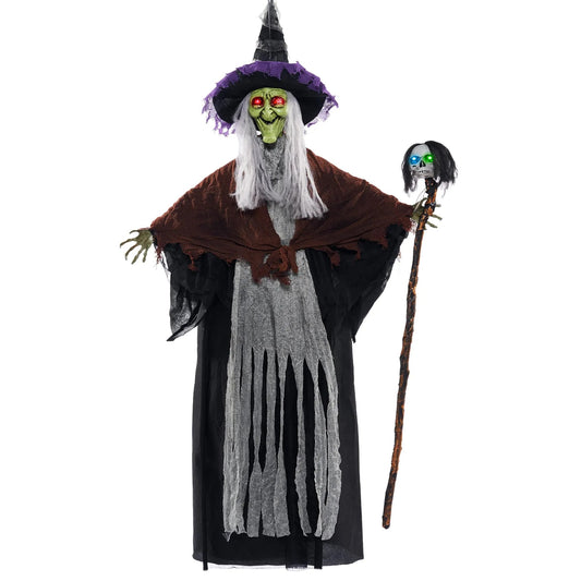 59-Inch Animated Hanging Witch with Light-Up Skeleton Wand