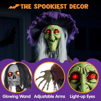 59-Inch Animated Hanging Witch with Light-Up Skeleton Wand