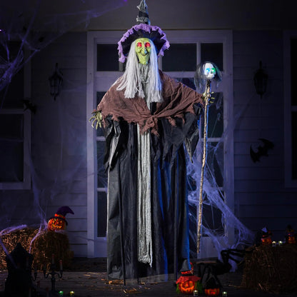 59-Inch Animated Hanging Witch with Light-Up Skeleton Wand