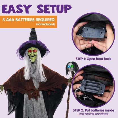 59-Inch Animated Hanging Witch with Light-Up Skeleton Wand