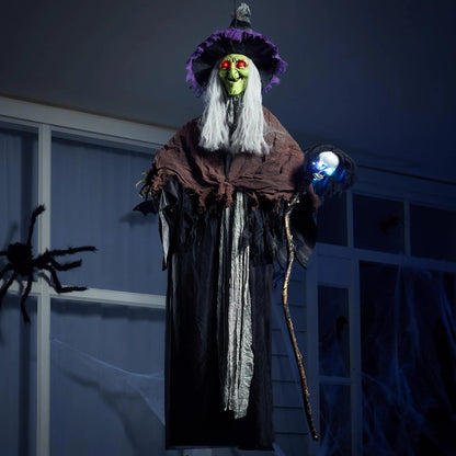 59-Inch Animated Hanging Witch with Light-Up Skeleton Wand