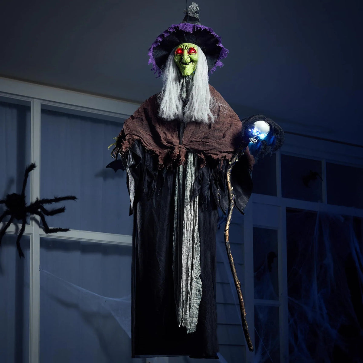 59-Inch Animated Hanging Witch with Light-Up Skeleton Wand
