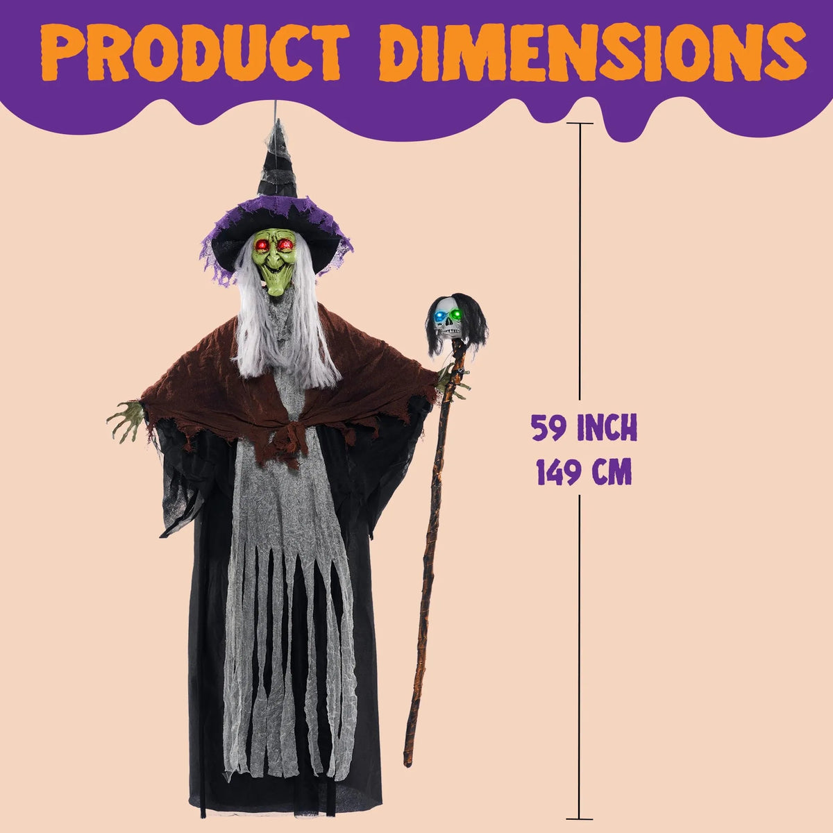 59-Inch Animated Hanging Witch with Light-Up Skeleton Wand
