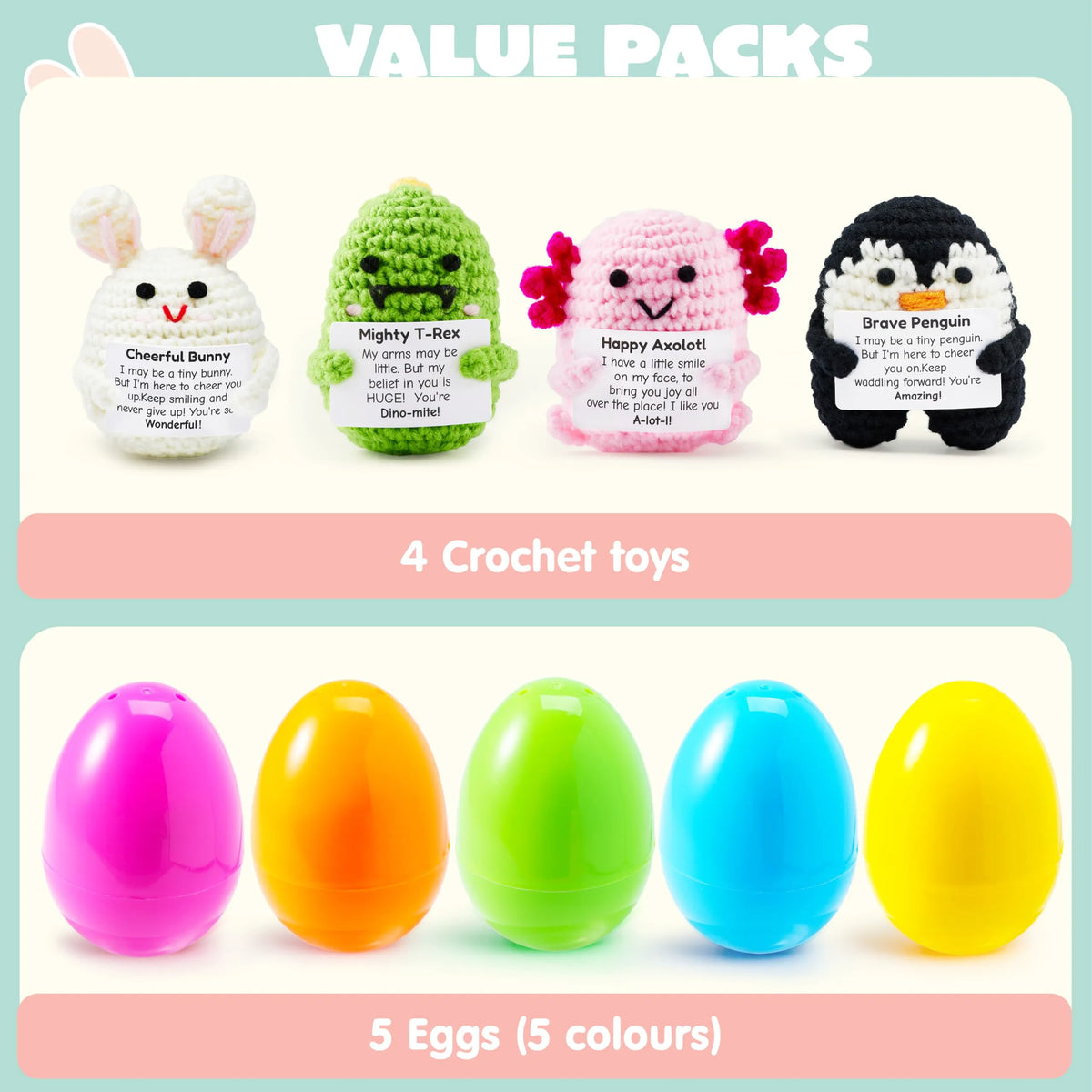 5 Jumbo Prefilled Easter Eggs with Crochet Toys for Egg Hunts, Party Favors & Classroom Prizes