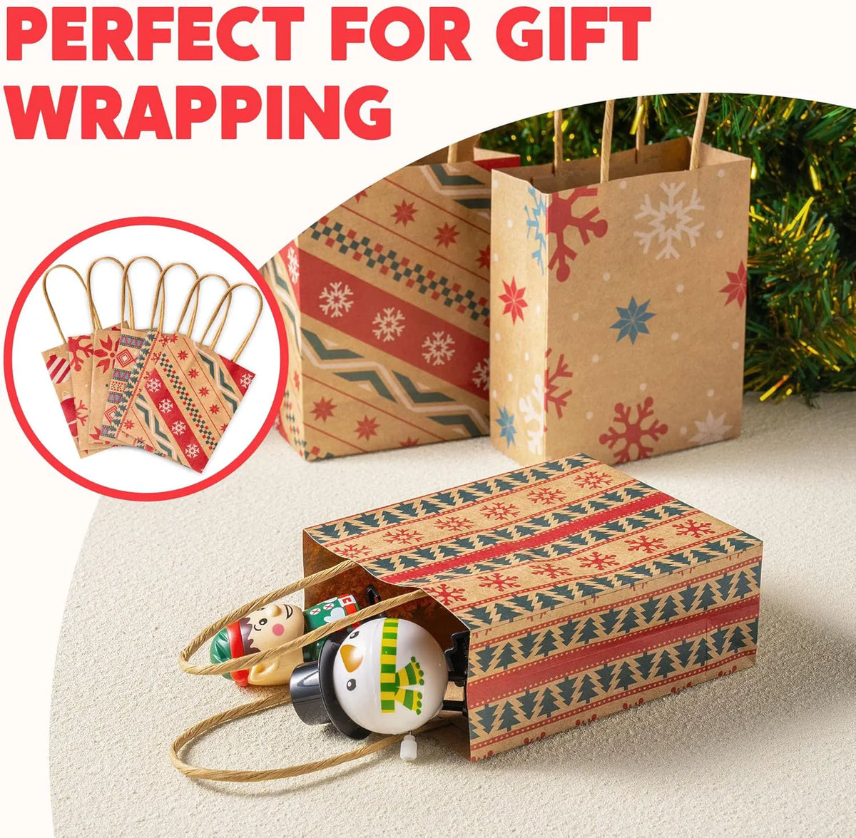 24 Pack Christmas Kraft Gift Bags with Handles