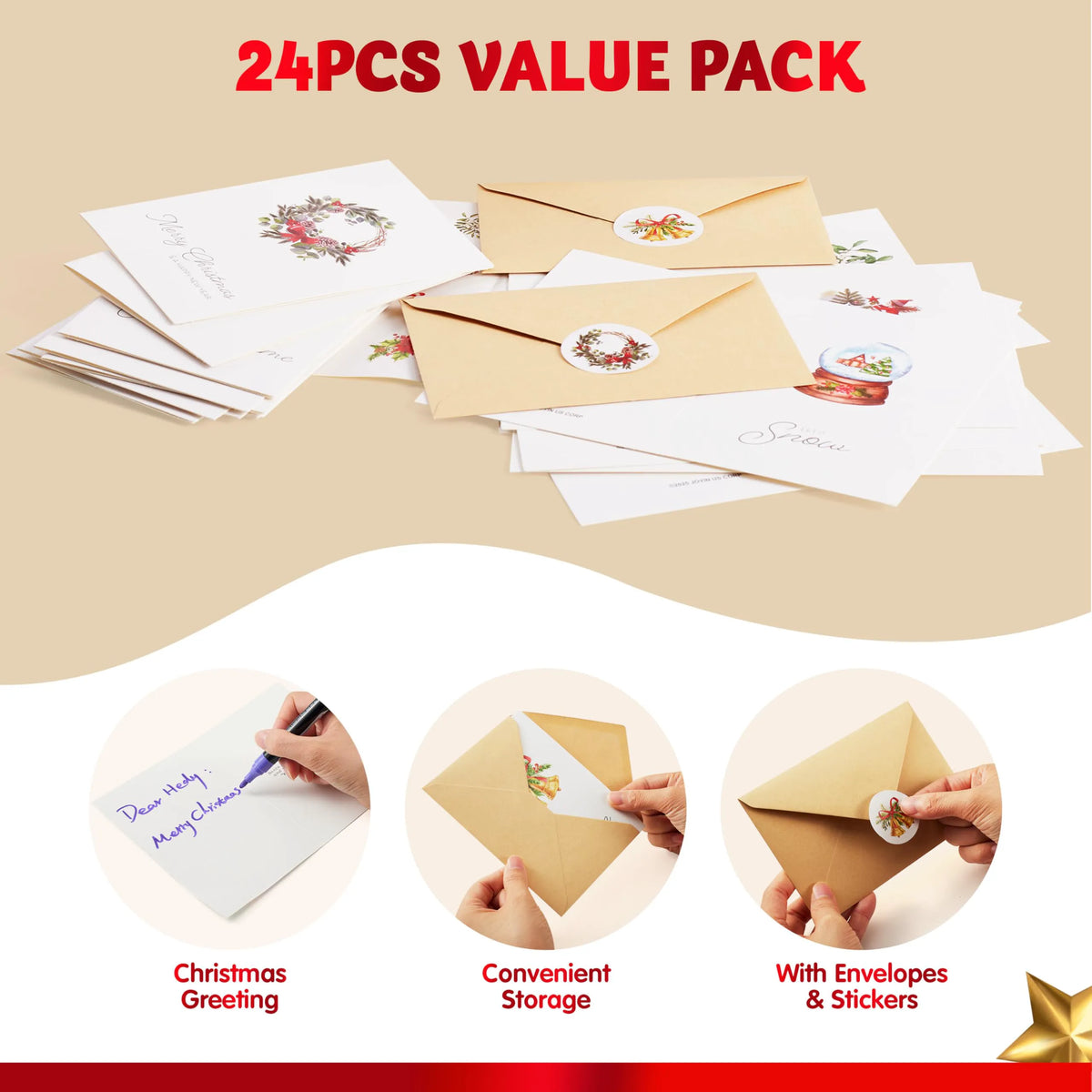 24 White Christmas Cards with Envelopes and Stickers