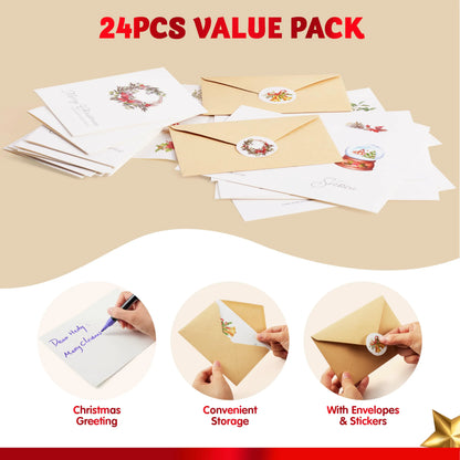 24 White Christmas Cards with Envelopes and Stickers