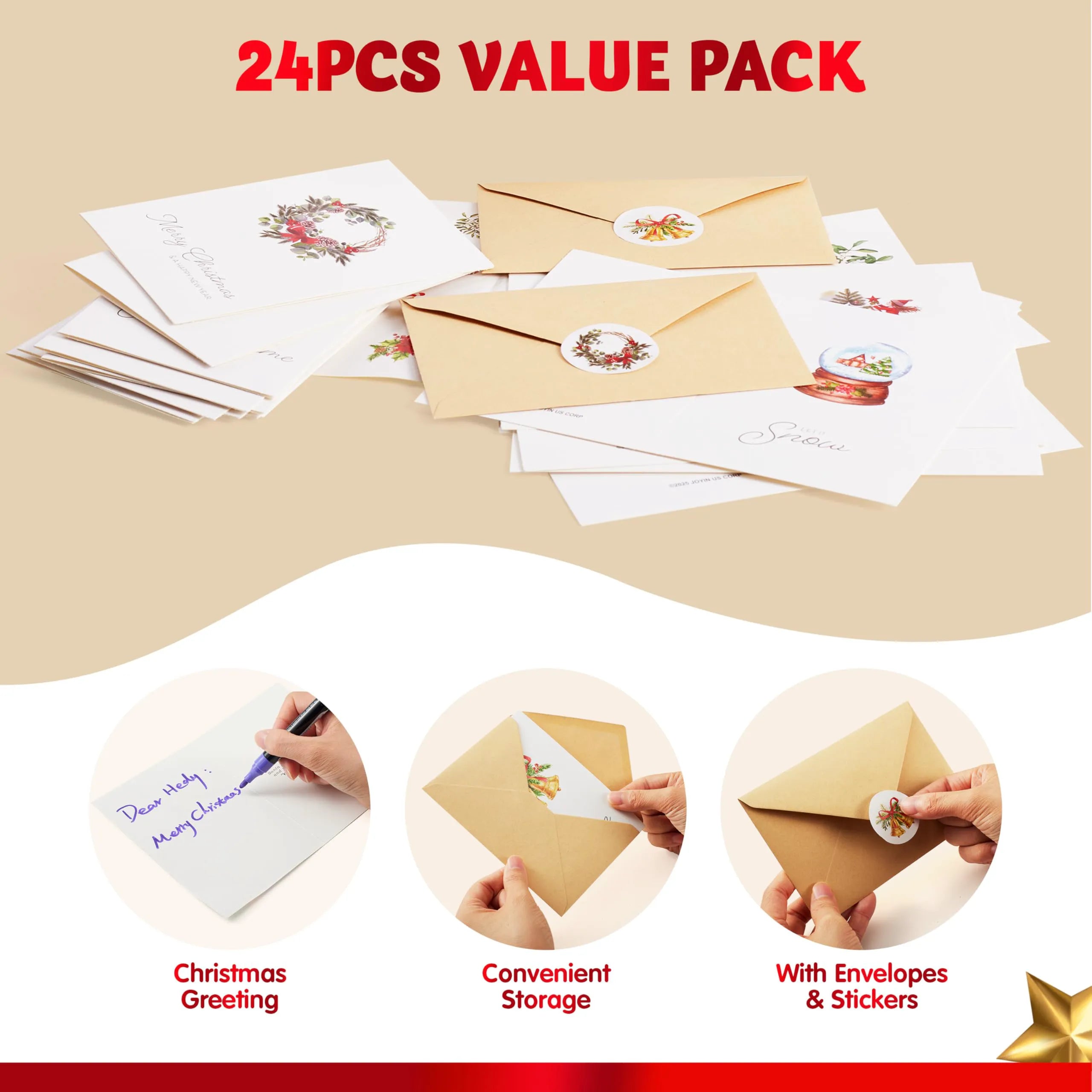 24 White Christmas Cards with Envelopes and Stickers