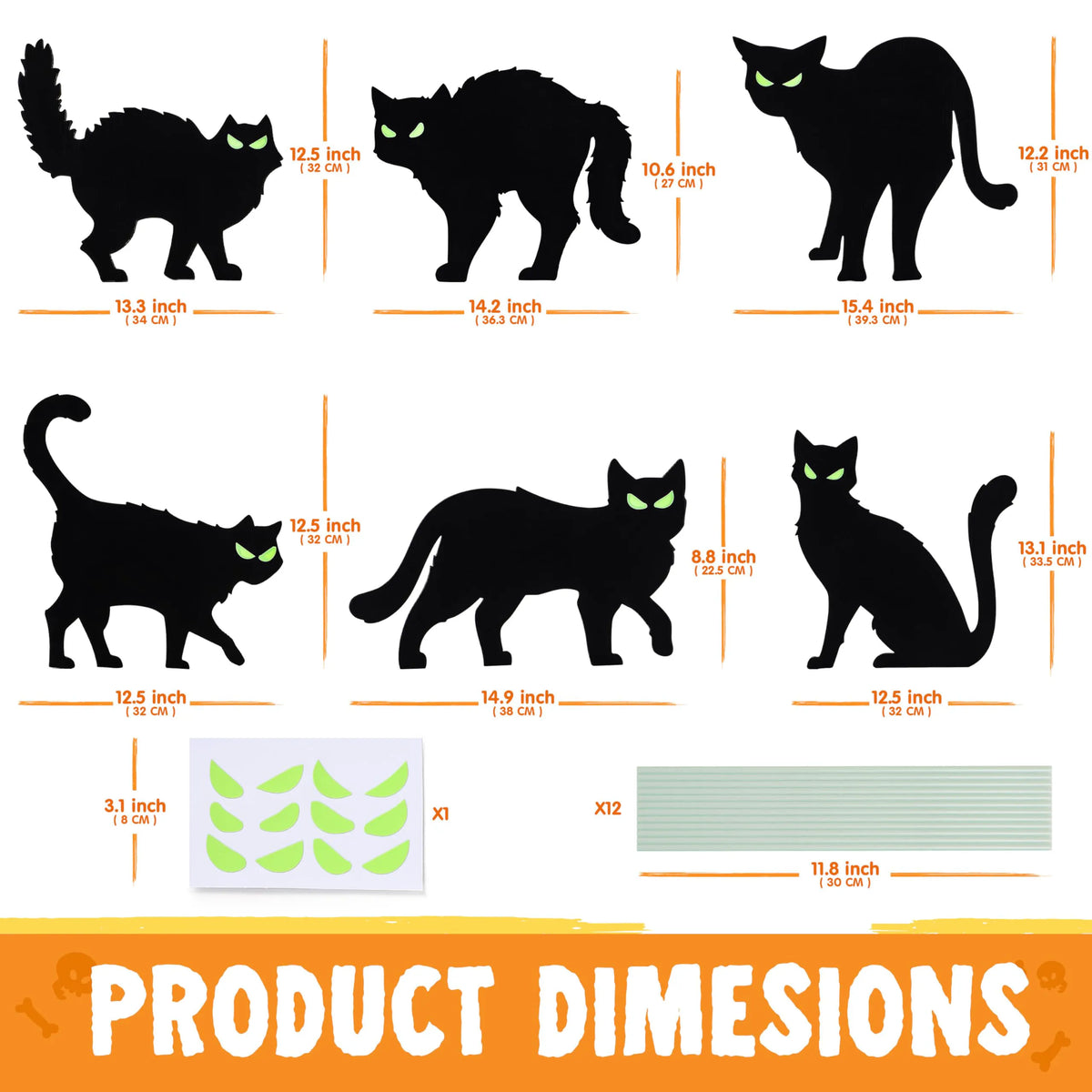 6 Halloween Black Cat Yard Signs with Glow-in-the-Dark Eyes