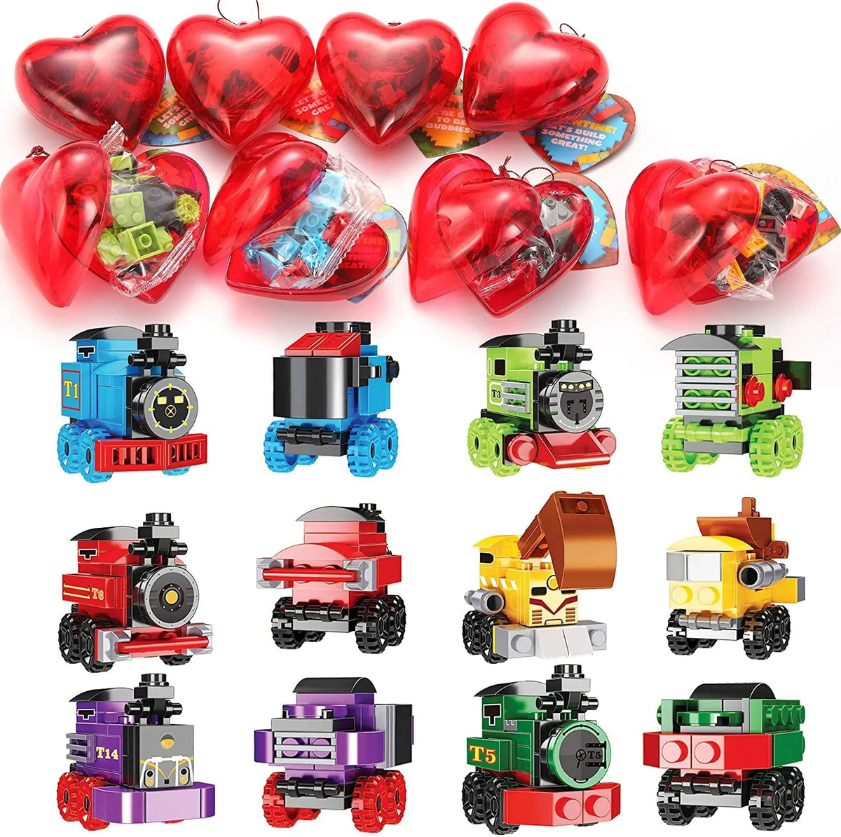 24 Prefilled Hearts with Train Building Blocks and Valentine's Day Cards for Kids - Classroom Exchange Gifts