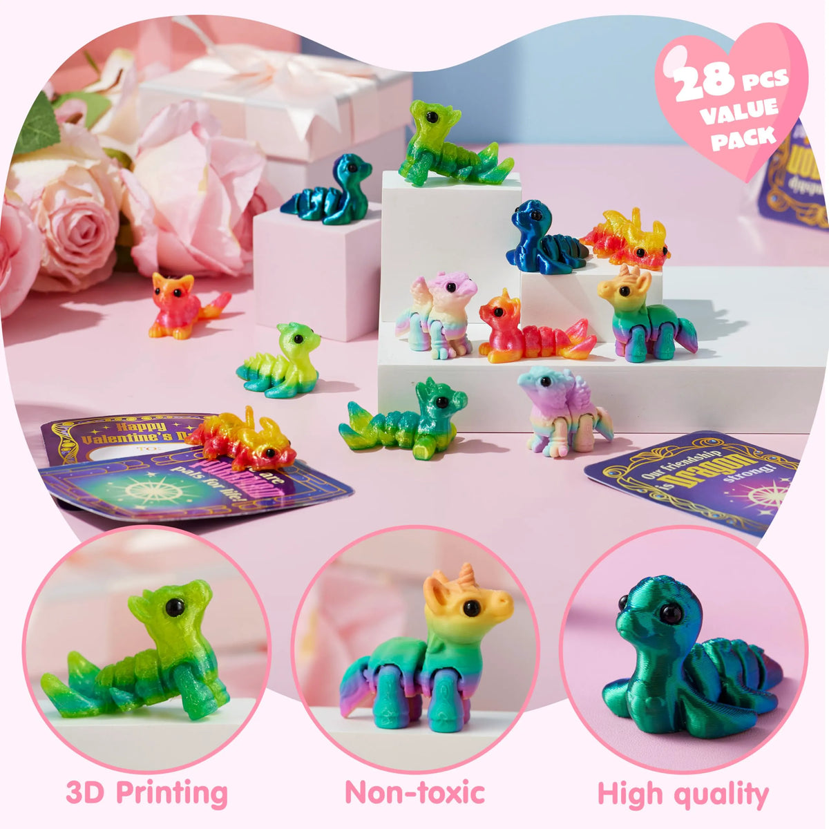 28 Pcs Kids Valentine's Day Cards with 3D Printed Mythical Creatures Toys