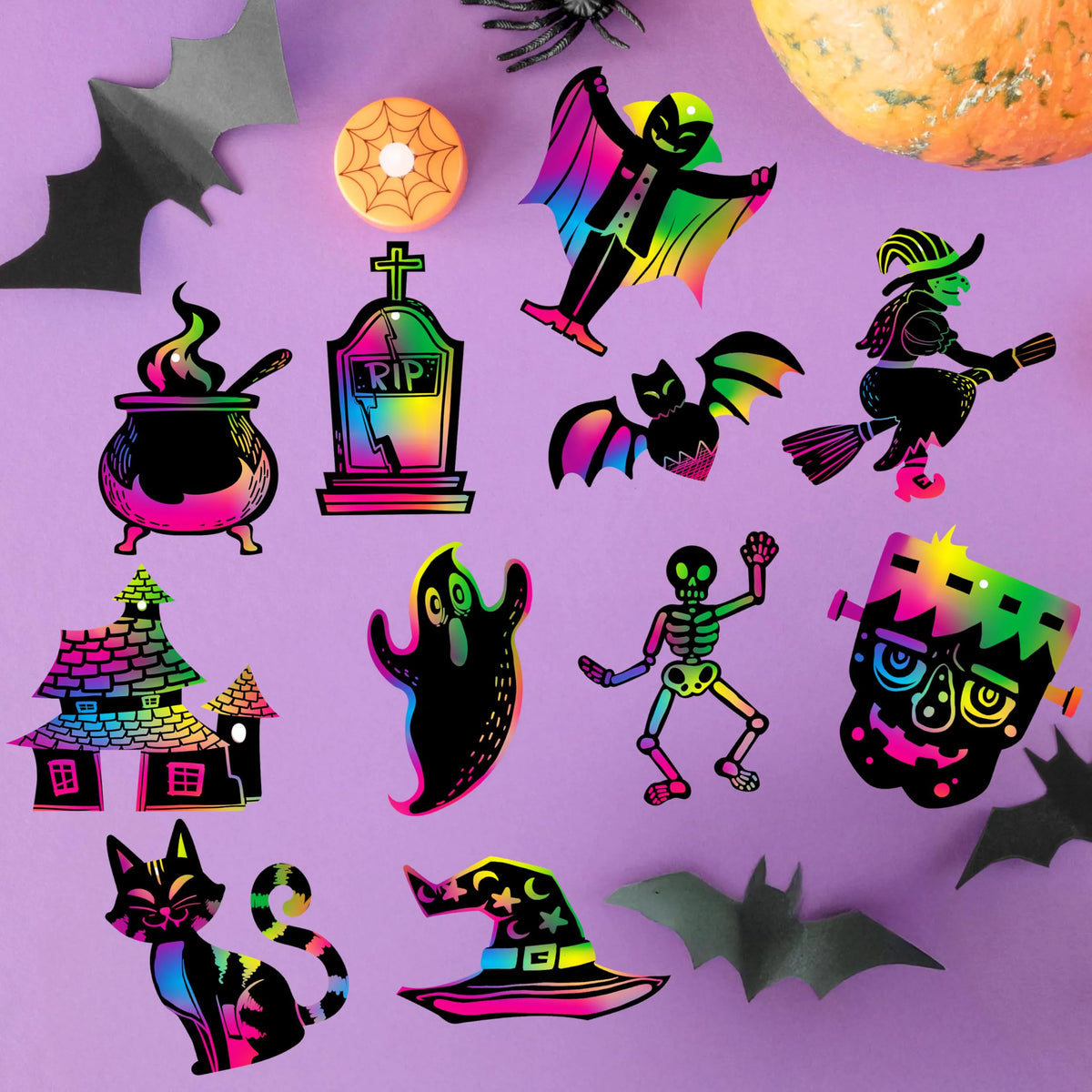 120-Pack Halloween Rainbow Scratch Art Craft Kit for Kids