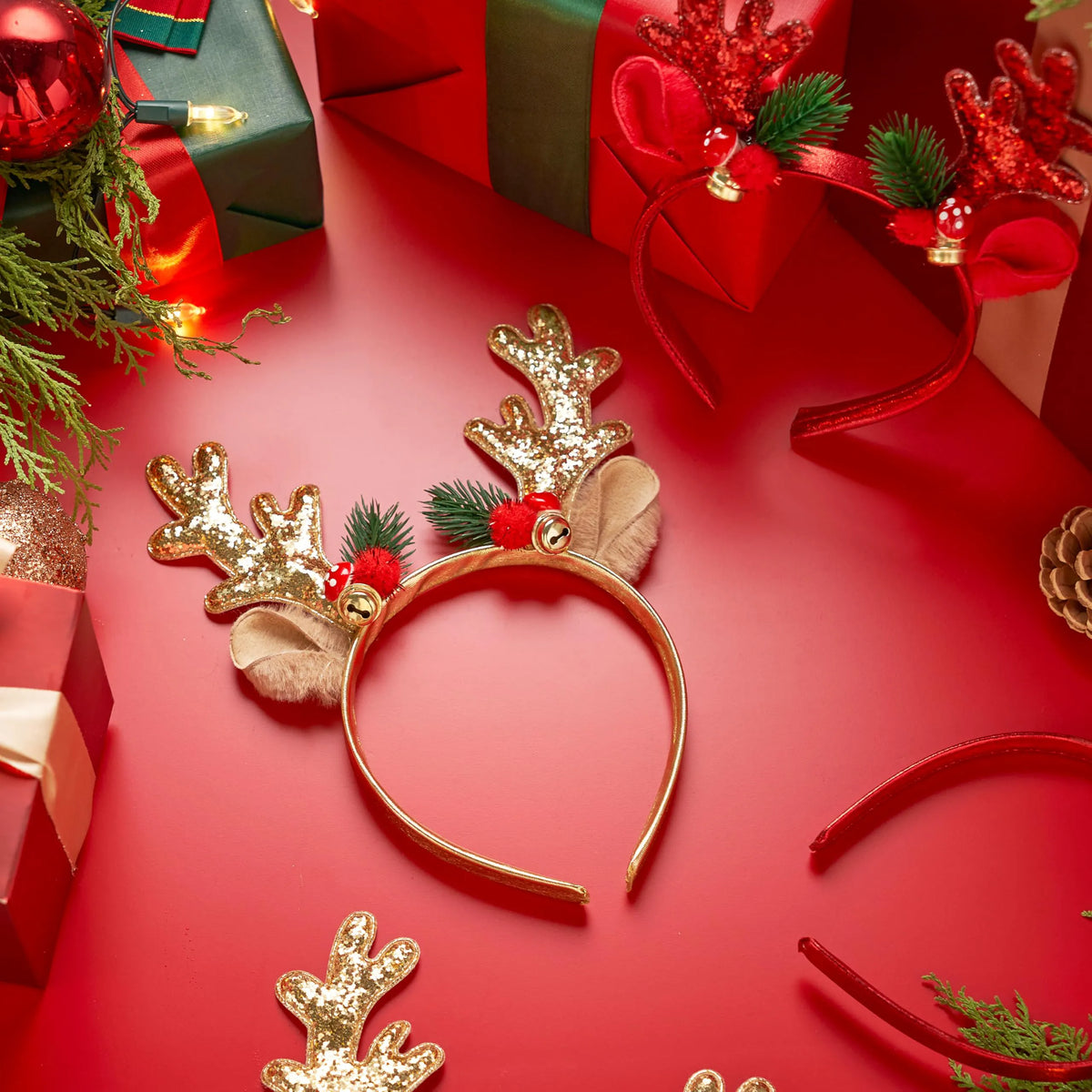 2 Pack Gold & Red Reindeer Headbands with Glitter