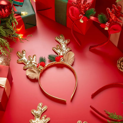2 Pack Gold & Red Reindeer Headbands with Glitter