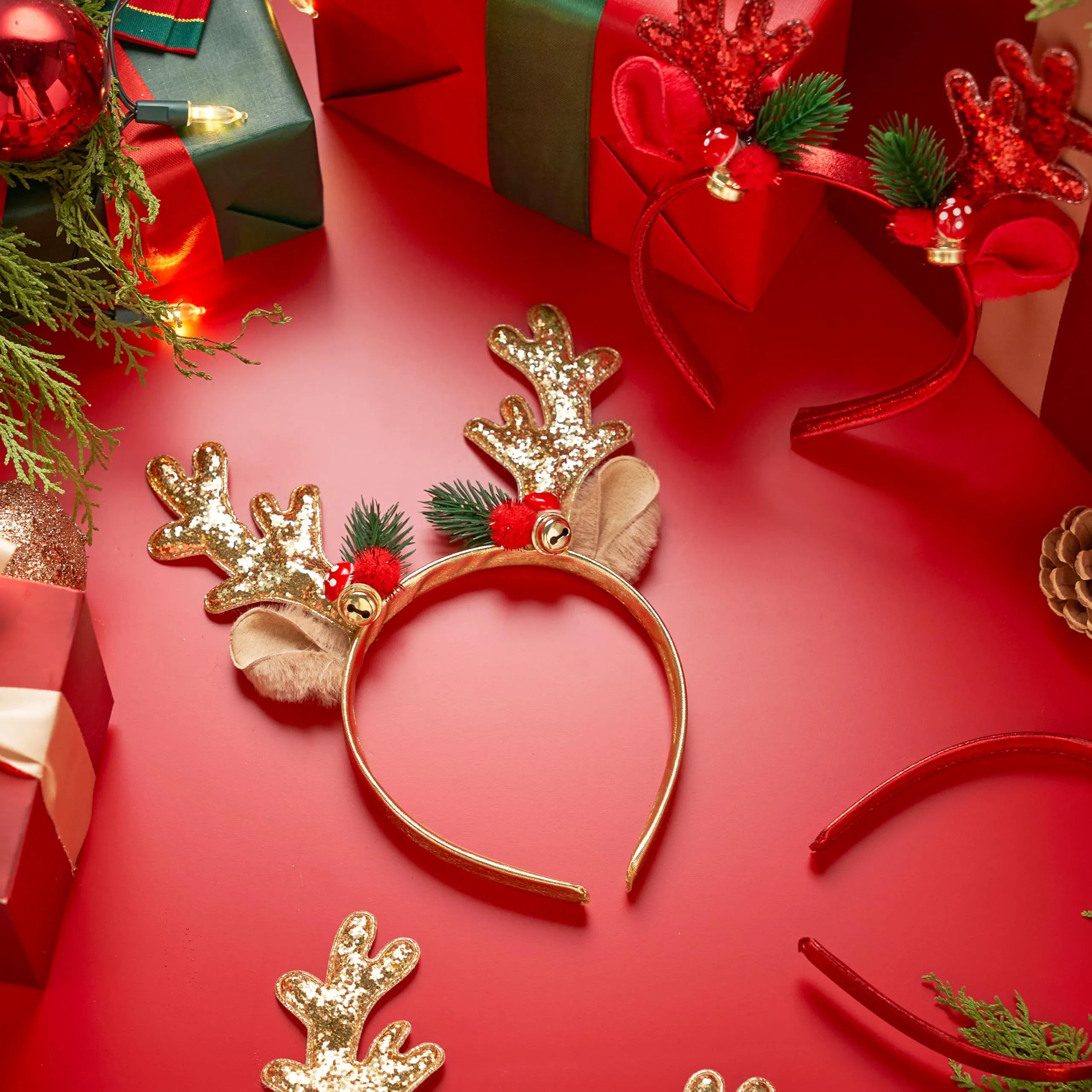 2 Pack Gold & Red Reindeer Headbands with Glitter
