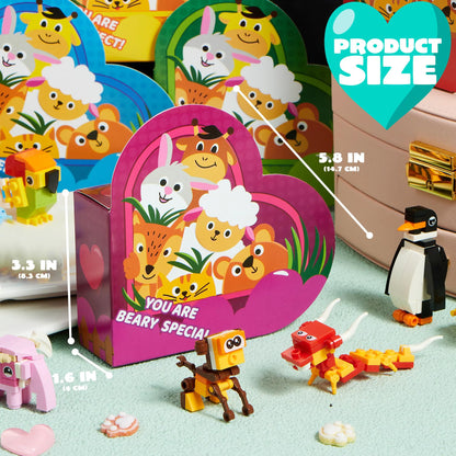 Animal Building Blocks Valentine's Heart Boxes Filled with Cards for Kids