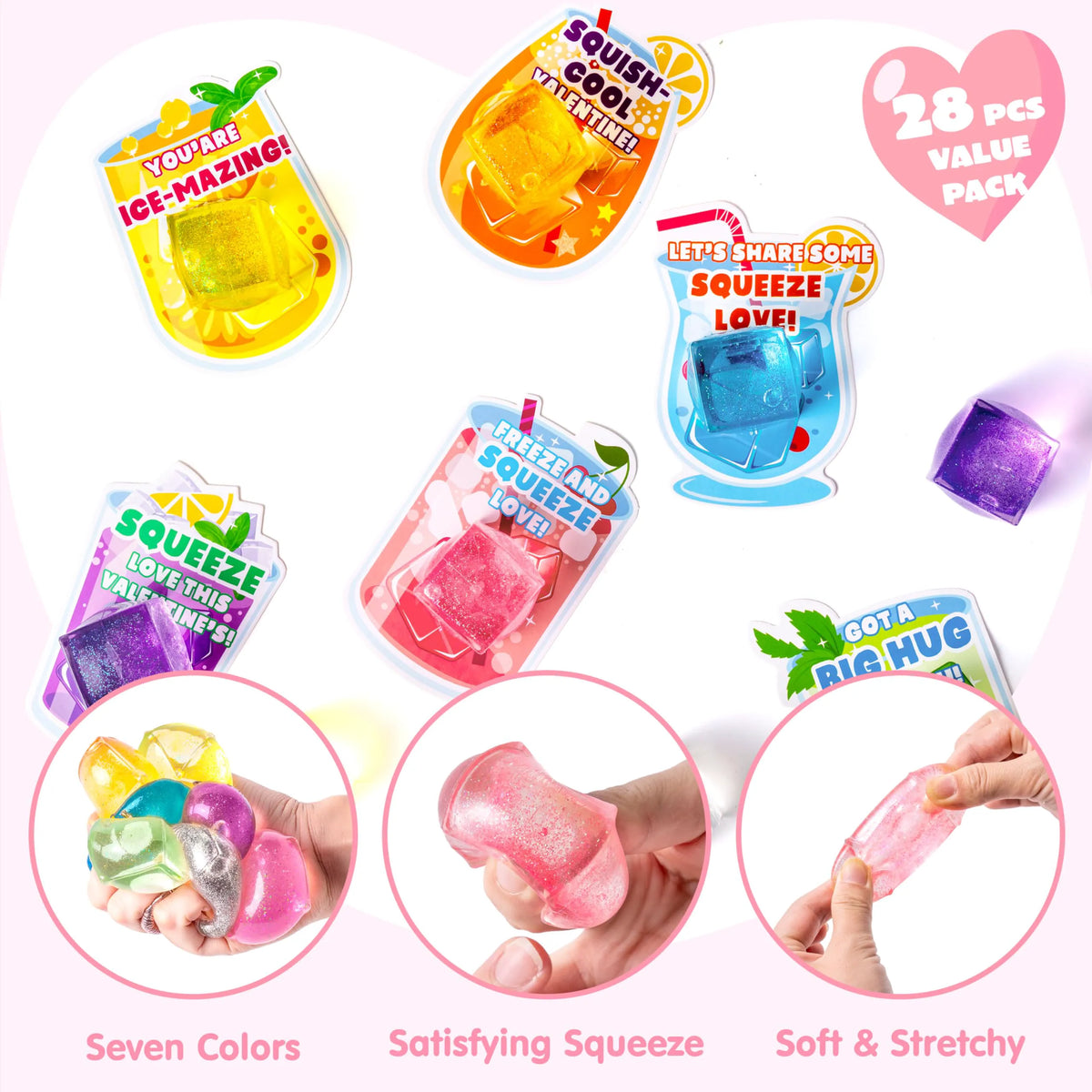 28 Valentine's Day Cards with Ice Cube Shaped Malt Sugar Squeeze Balls