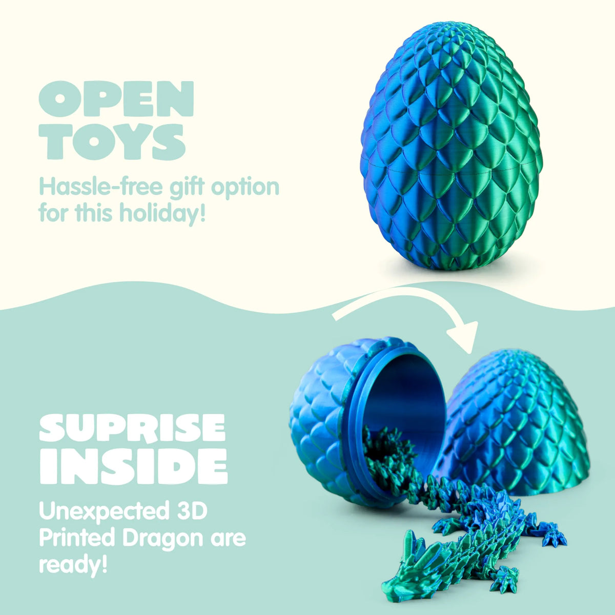 3D Printed Dragon Egg with 12" Laser Blue-Green Dragon Inside
