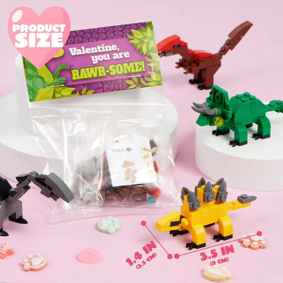 24 Pack Valentine's Day Cards with Dinosaur Building Blocks for Gifts and Party Favors