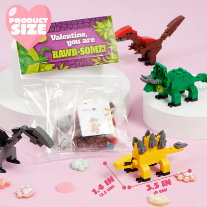 24 Pack Valentine's Day Cards with Dinosaur Building Blocks for Gifts and Party Favors