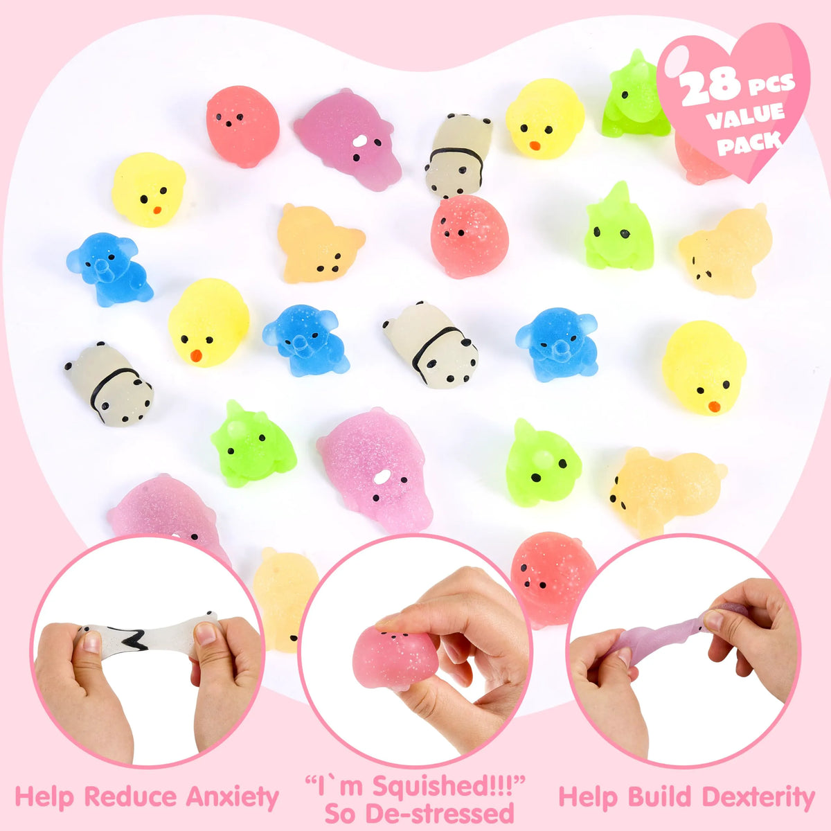 28 Glitter Mochi Squishy Toys with Valentine's Cards for Classroom Exchange