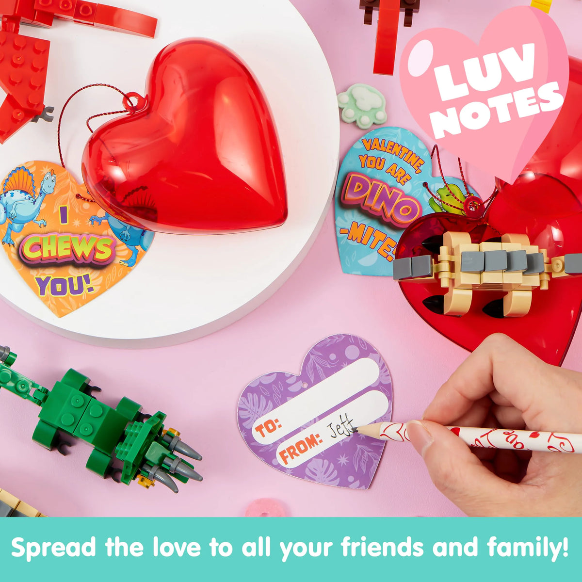 24 Pack Valentine's Day Cards with Dinosaur Building Blocks and Filled Hearts for Party Favors