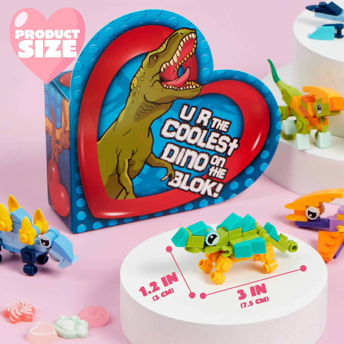 12-Pack Valentine's Dinosaur Building Blocks with Heart Boxes for Party Favors