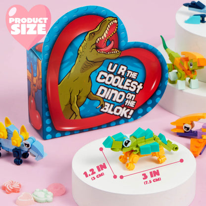 12-Pack Valentine's Dinosaur Building Blocks with Heart Boxes for Party Favors