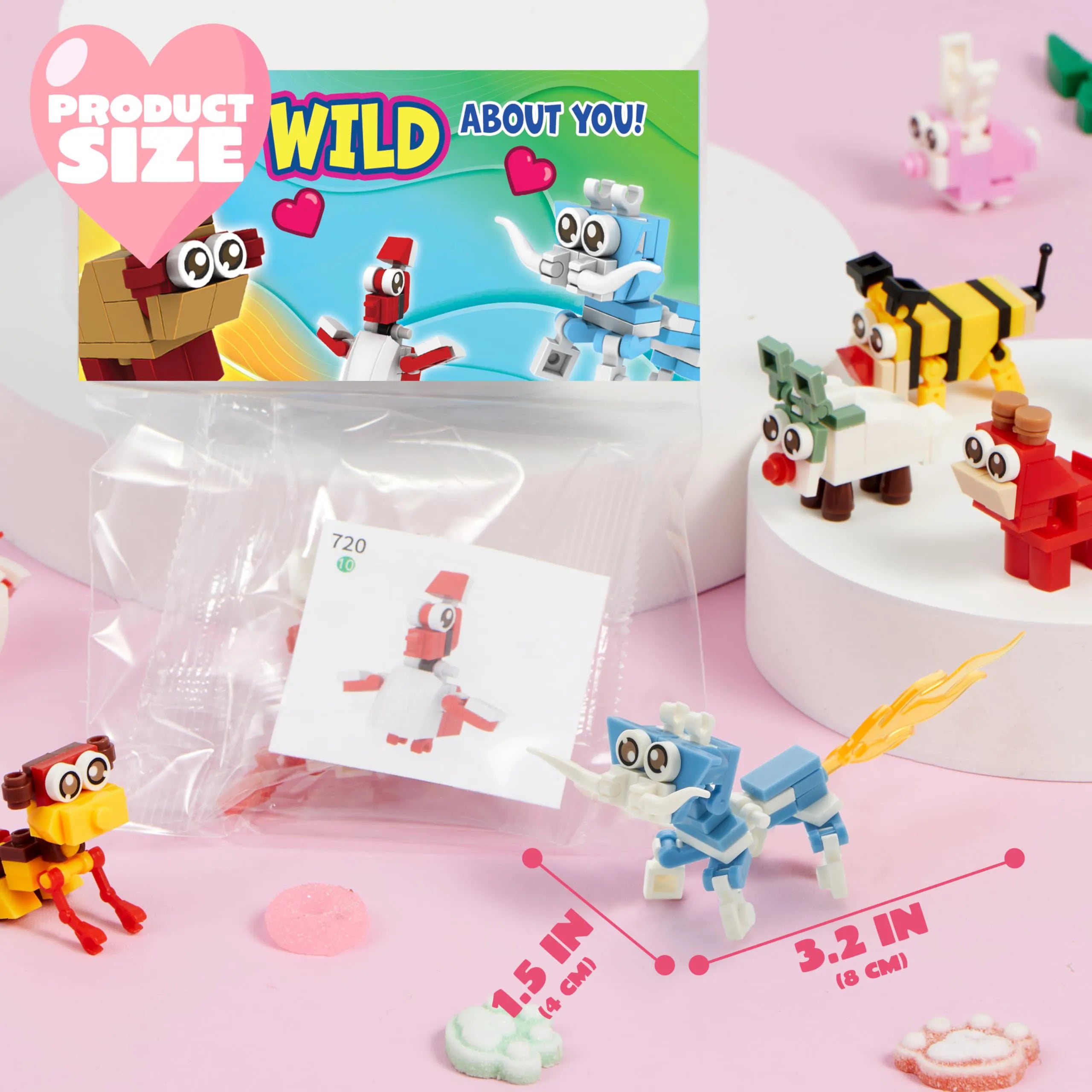 24 Pack Valentine's Day Gift Cards with Animal Building Blocks for Party Favors