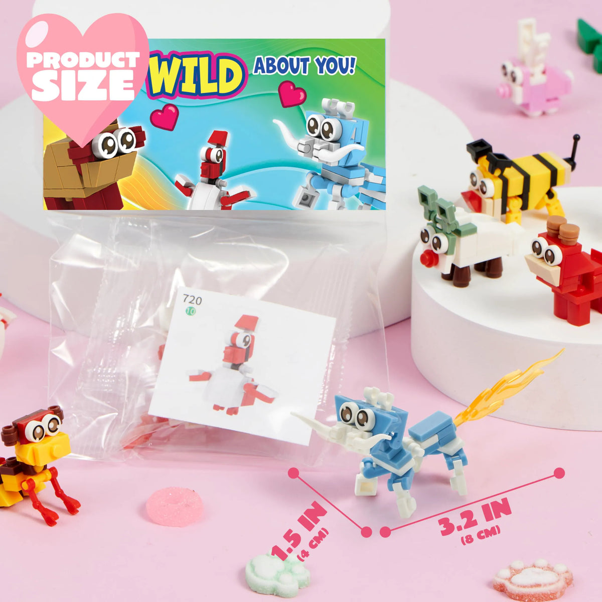 24 Pack Valentine's Day Gift Cards with Animal Building Blocks for Party Favors