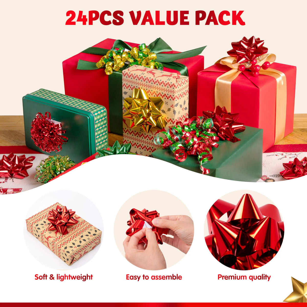 24 Pack Christmas Gift Bows for Wrapping