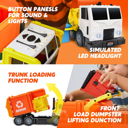 Large Orange Friction Powered Garbage Truck Toy Set