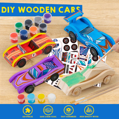 4 DIY Wooden Race Cars - Build & Paint Your Own Wood Craft Kit