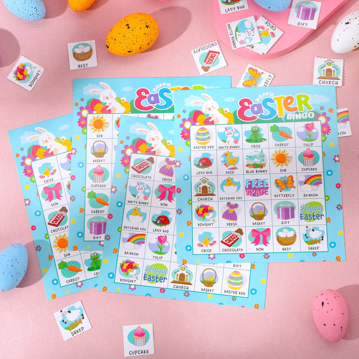 Easter Bingo Cards for Kids - 28 Players, 5x5 Grid, Blue