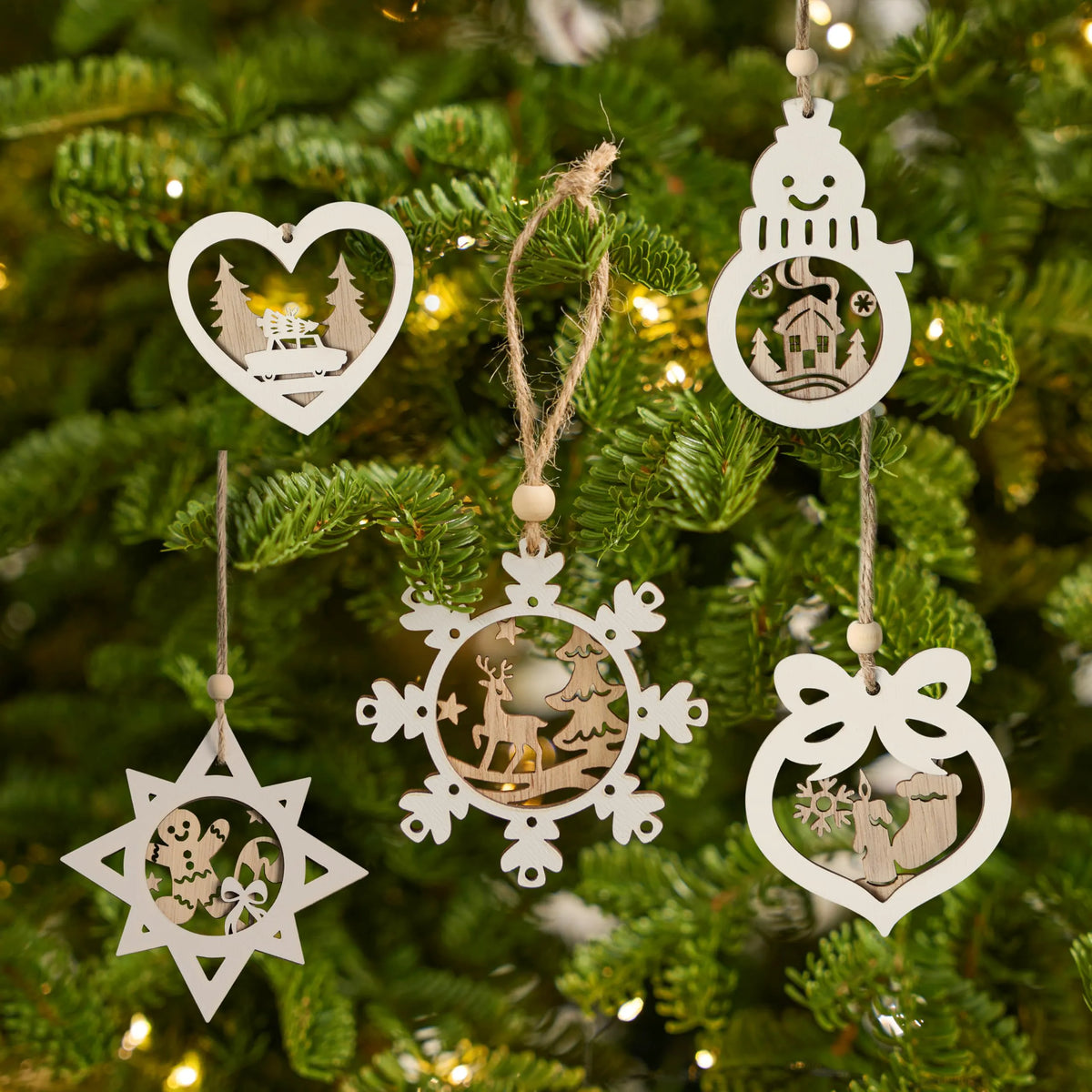 24-Piece Set of Wooden Carved Christmas Hanging Ornaments for Holiday Decor