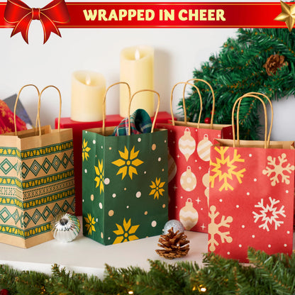 24-Pack Christmas Kraft Paper Gift Bags for Holiday Treats