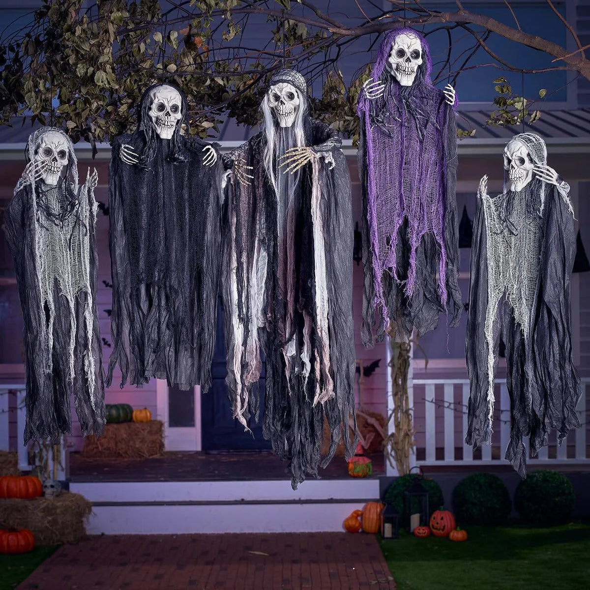 5 Halloween Hanging Grim Reapers - 1 Large (47in) & 4 Medium (35in) Skeleton Ghosts