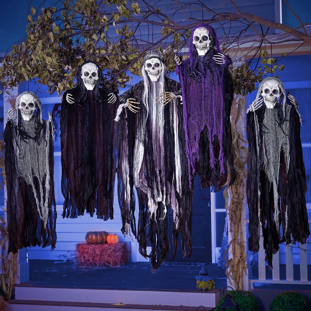 5 Halloween Hanging Grim Reapers - 1 Large (47in) & 4 Medium (35in) Skeleton Ghosts