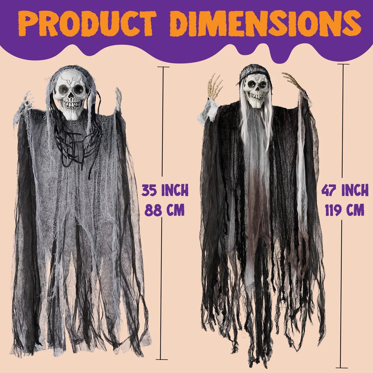 5 Halloween Hanging Grim Reapers - 1 Large (47in) & 4 Medium (35in) Skeleton Ghosts