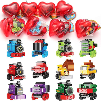 24 Prefilled Hearts with Train Building Blocks and Valentine's Day Cards for Kids - Classroom Exchange Gifts