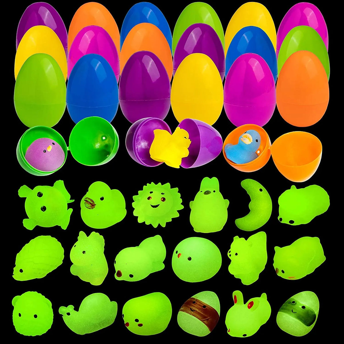 18 Glow-in-the-Dark Mochi Squishy Toys in Prefilled Easter Eggs for Egg Hunt