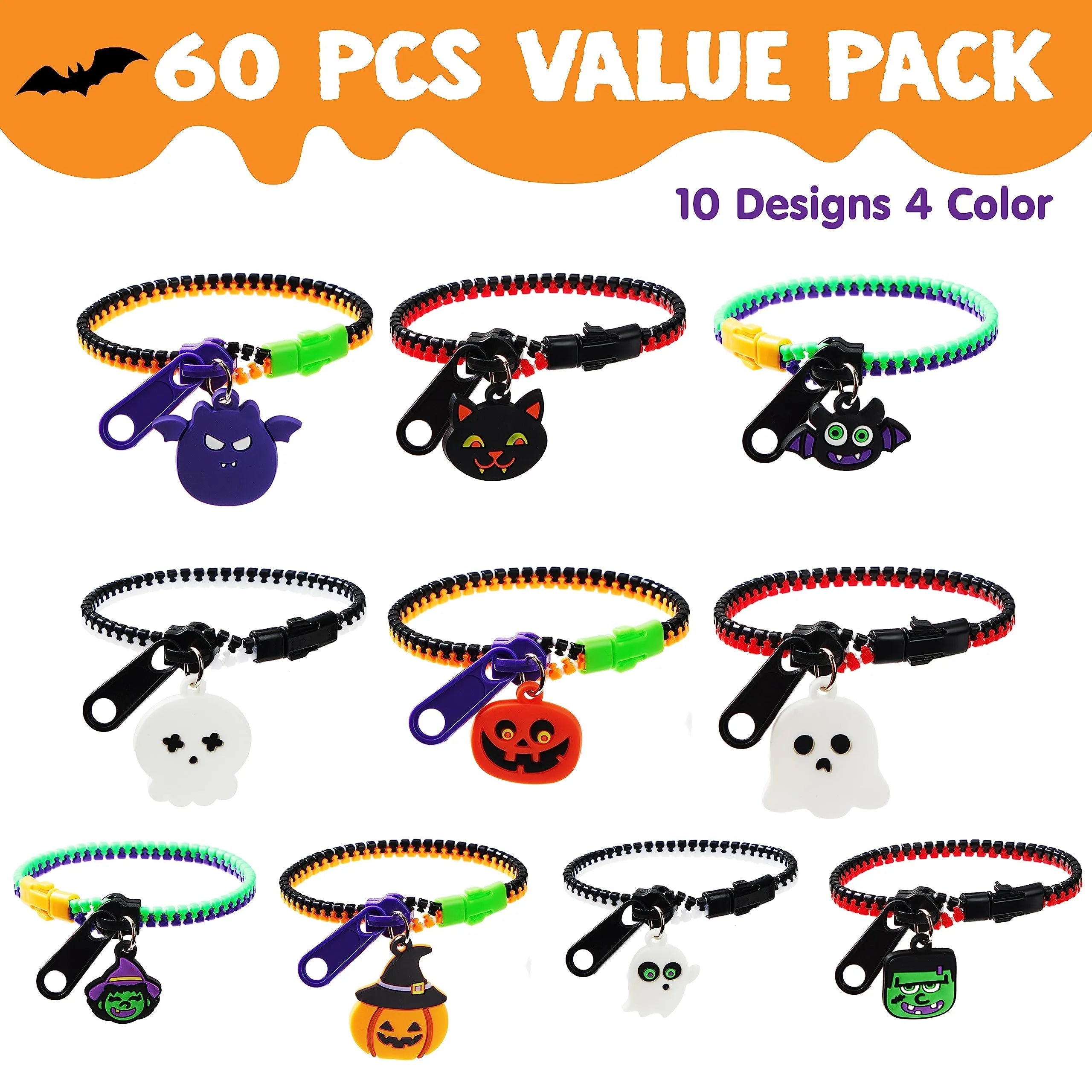 60 PCS Halloween Zipper Bracelets Bulk Set - Zipper Wristbands Party Favors for Kids
